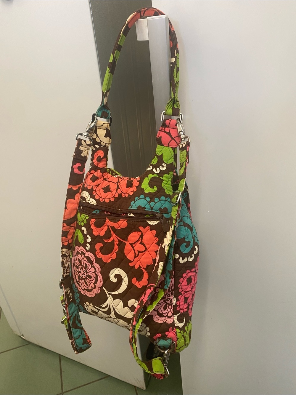 Vera Bradley Lola Floral Hobo Backpack in Brown with Pink & Teal Accents - Picture 2 of 8
